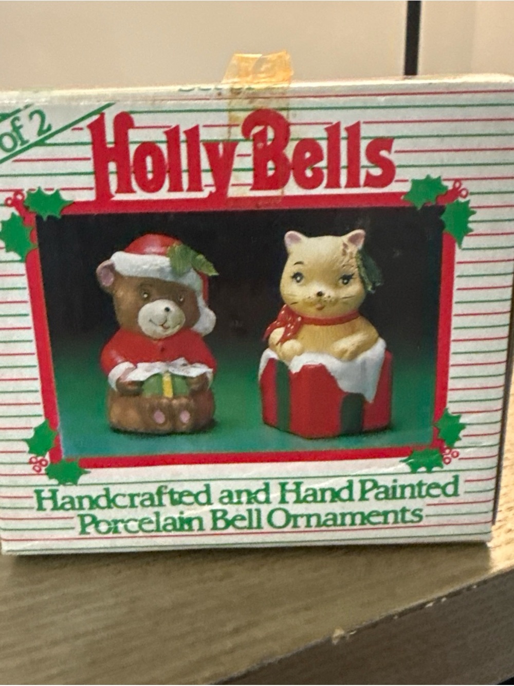 Giftco Holly Bells Set Of 2 Christmas Ornaments Cat Bear Hand Painted Porcelain